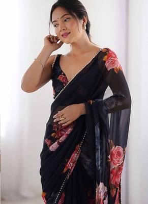 black georgette silk blend printed moti work border designer saree 4