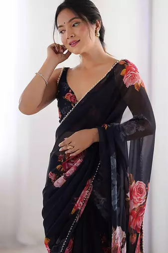 black georgette silk blend printed moti work border designer saree