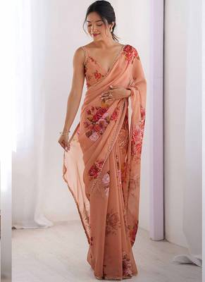 peach georgette silk blend printed moti work border designer saree 1
