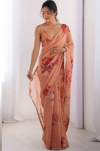 peach georgette silk blend printed moti work border designer saree