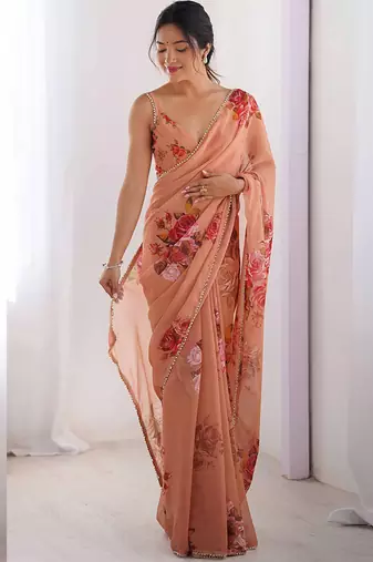 peach georgette silk blend printed moti work border designer saree