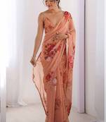 peach georgette silk blend printed moti work border designer saree
