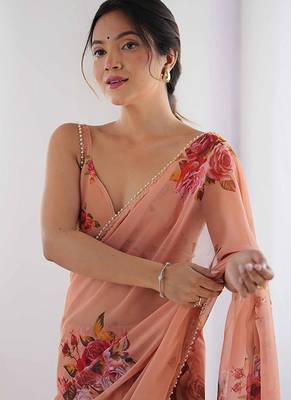 peach georgette silk blend printed moti work border designer saree 2