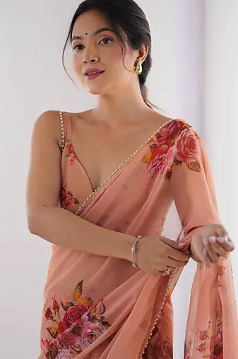 peach georgette silk blend printed moti work border designer saree