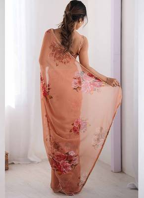 peach georgette silk blend printed moti work border designer saree 3