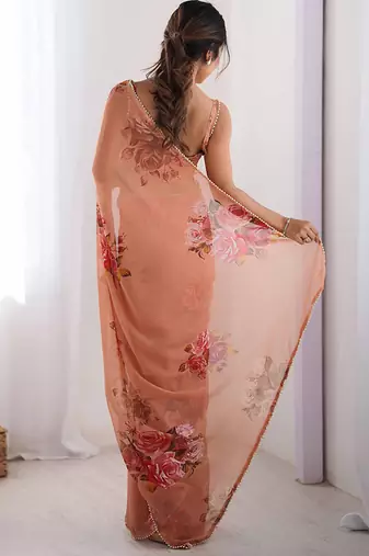 peach georgette silk blend printed moti work border designer saree