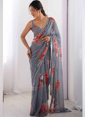 grey georgette silk blend printed moti work border designer saree 1