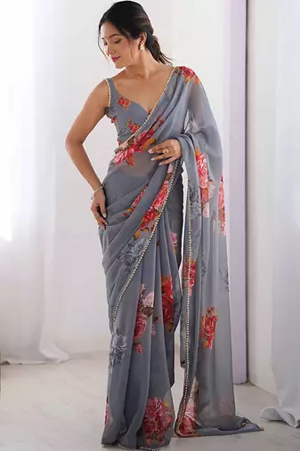 grey georgette silk blend printed moti work border designer saree