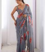 grey georgette silk blend printed moti work border designer saree