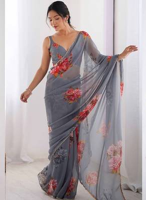 grey georgette silk blend printed moti work border designer saree 2