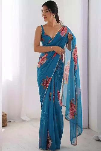sky blue georgette silk blend printed moti work border designer saree
