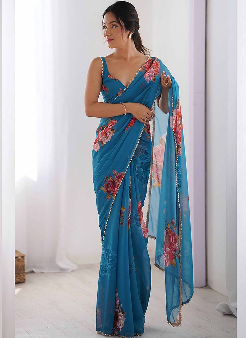 sky blue georgette silk blend printed moti work border designer saree