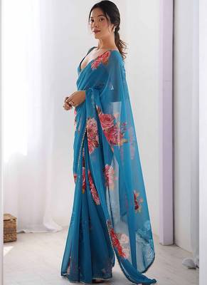 sky blue georgette silk blend printed moti work border designer saree 2