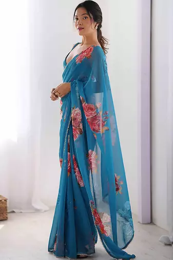 sky blue georgette silk blend printed moti work border designer saree