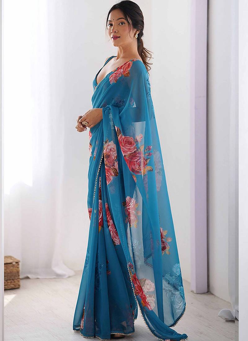 sky blue georgette silk blend printed moti work border designer saree