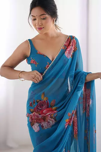sky blue georgette silk blend printed moti work border designer saree