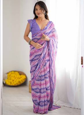 lavender georgette printed mirror work border designer saree 1