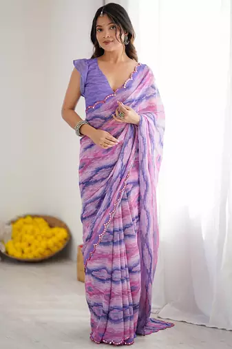 lavender  georgette  printed mirror work border designer saree