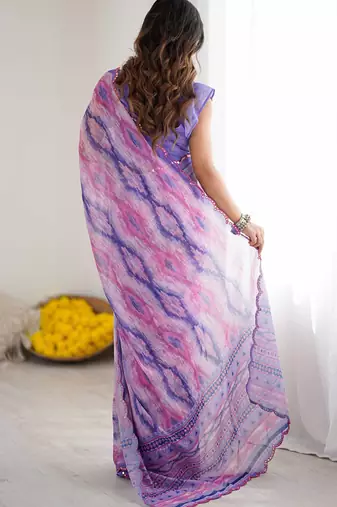 lavender georgette printed mirror work border designer saree