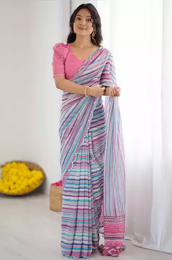 multi color georgette  printed mirror work border designer saree