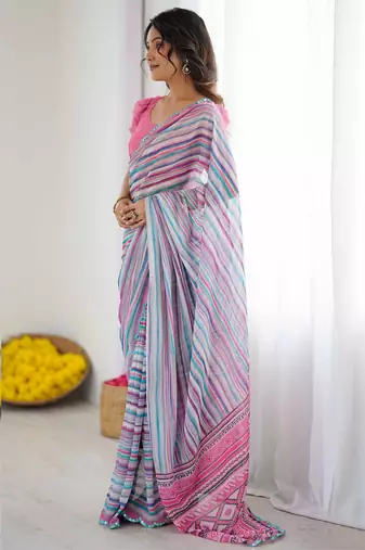 multi color georgette printed mirror work border designer saree