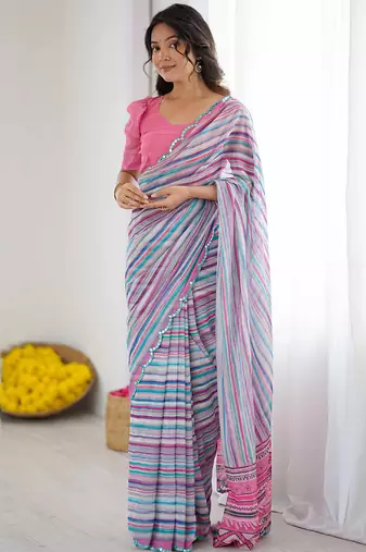 multi color georgette printed mirror work border designer saree