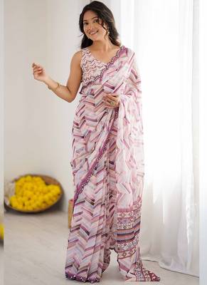 multi color georgette printed mirror work border designer saree 1