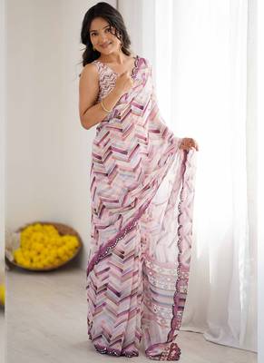 multi color georgette printed mirror work border designer saree 2