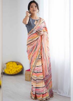 multi color georgette printed mirror work border designer saree 1