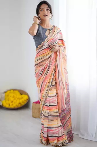 multi color georgette  printed mirror work border designer saree