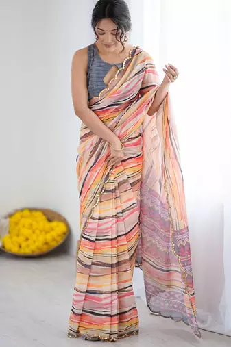 multi color georgette printed mirror work border designer saree