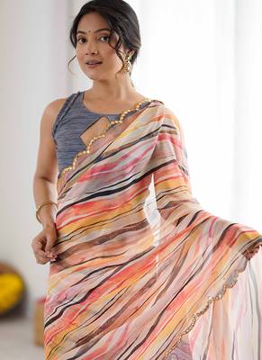 multi color georgette printed mirror work border designer saree 3