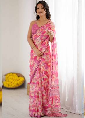 pink georgette printed mirror work border designer saree 1