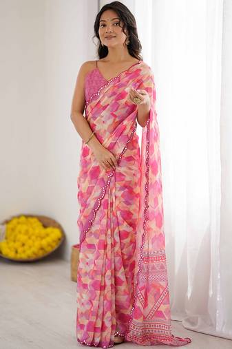 pink georgette  printed mirror work border designer saree