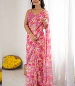 pink georgette  printed mirror work border designer saree