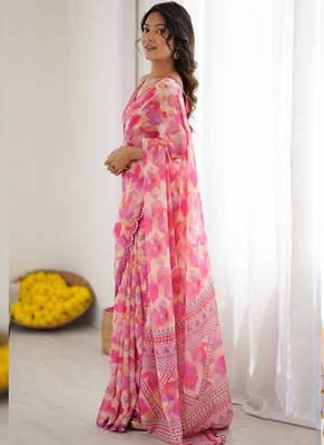 pink georgette printed mirror work border designer saree 2
