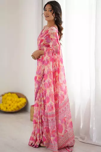 pink georgette printed mirror work border designer saree
