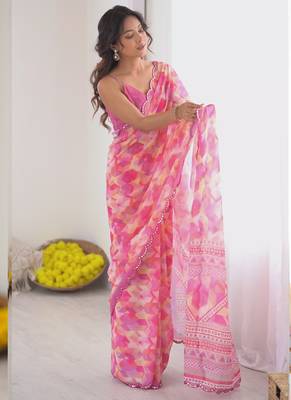pink georgette printed mirror work border designer saree 3
