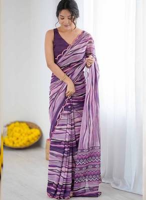 purple georgette printed mirror work border designer saree 1