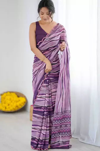 purple georgette  printed mirror work border designer saree