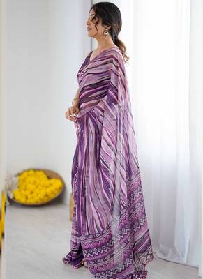 purple georgette printed mirror work border designer saree 2