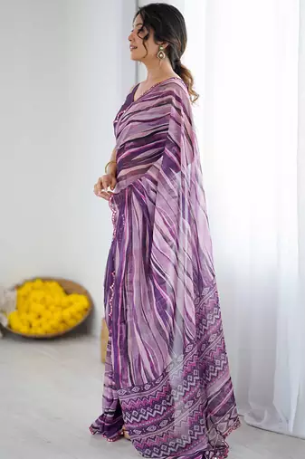 purple georgette printed mirror work border designer saree