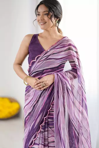 purple georgette printed mirror work border designer saree