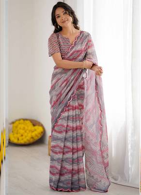 multi color georgette printed mirror work border designer saree 1