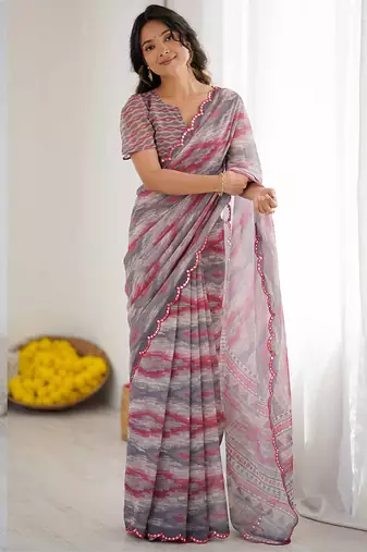 multi color georgette  printed mirror work border designer saree