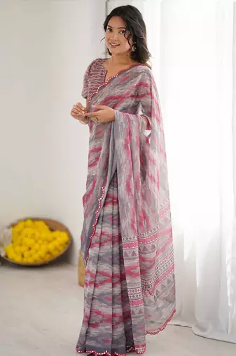 multi color georgette printed mirror work border designer saree