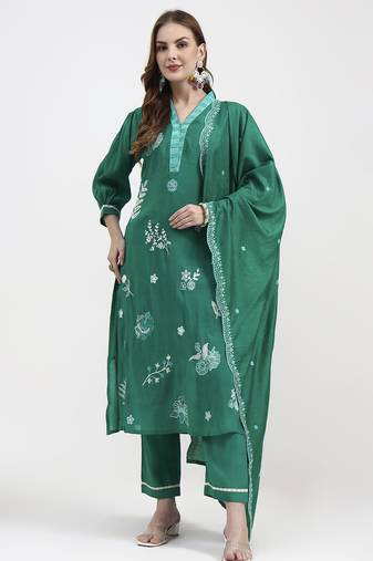 green mul chanderi thread work sequins work straight kurta trouser dupatta set