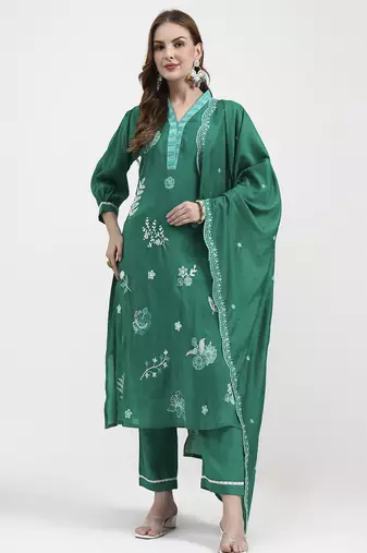 green mul chanderi thread work sequins work straight kurta trouser dupatta set