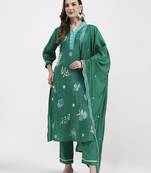 green mul chanderi thread work sequins work straight kurta trouser dupatta set