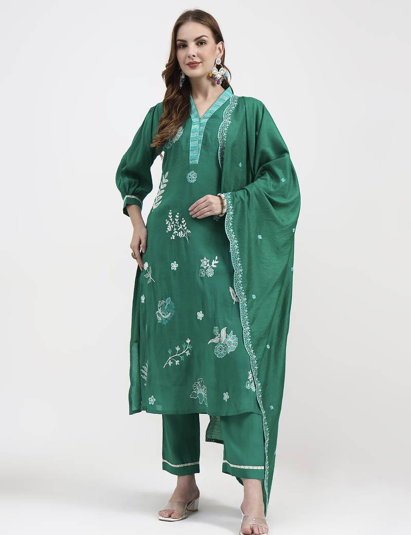 green mul chanderi thread work sequins work straight kurta trouser dupatta set